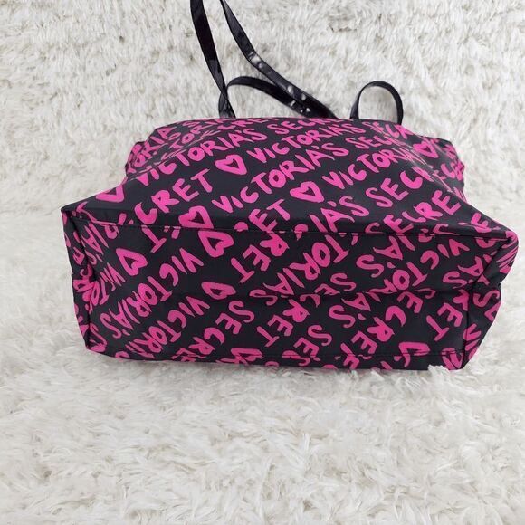 NWT Victoria's Secret Black Fuchsia Logo All Over Satin Bag NWT - Picture 2 of 6